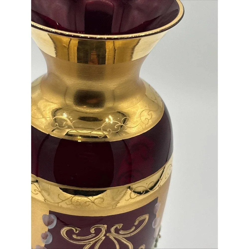 Seyei Japan Ruby Red Cranberry Glass Vase - 24K Gold Gilt & Enamel Flowers